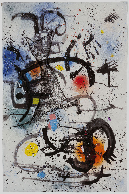 Arbeit auf Seidenpapier, Kaffee, Netz geklebt, Gouache, Tusche H 72cm x B 96cm, 1999